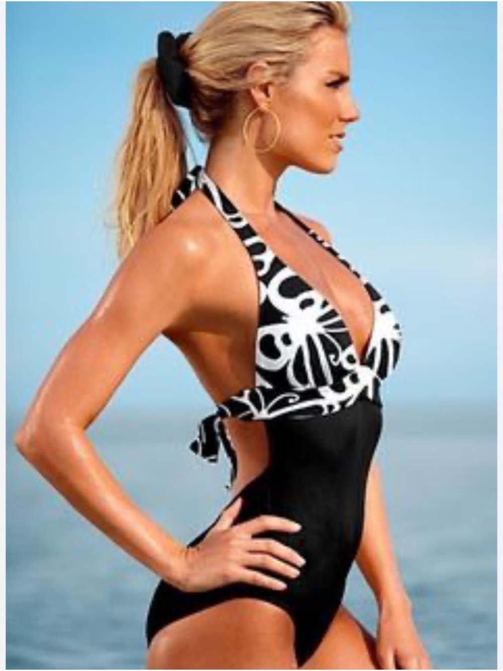 VENUS Black and White Halter One-Piece Swimsuit